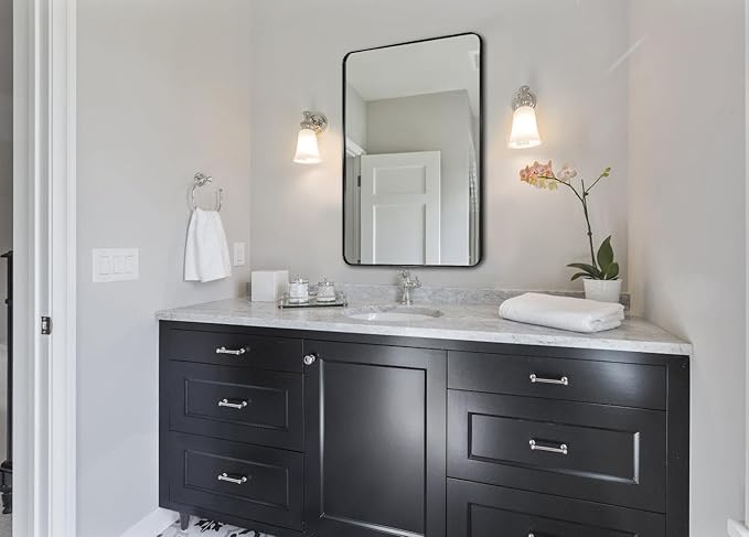 ANDY STAR Wall Mirror for Bathroom, 24x36 Matte Black Bathroom Mirror, Modern Stainless Steel Metal Frame with Rounded Corner, Rectangle Glass Panel Wall Mounted Mirror for Vanity