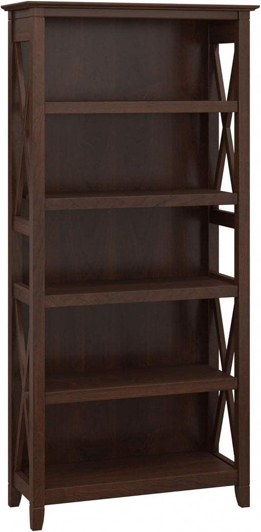 Bush Furniture Tall 5 Shelf Bookcase for Living Room or Home Office, Large Bookshelf, Modern Farmhouse Style, Key West Collection, Bing Cherry