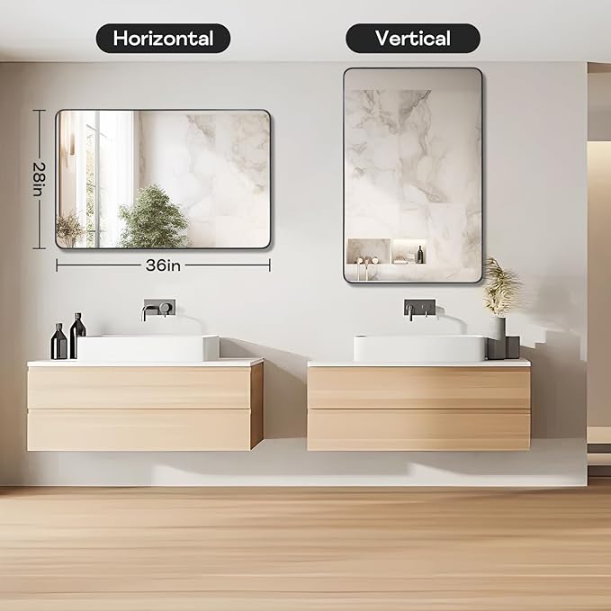 Black Metal Framed Bathroom Mirror for Wall, Large Brushed Matte Black Rounded Corner Rectangular Bathroom Vanity Mirror, Anti-Rust, Tempered Glass (28" x 36", Black)