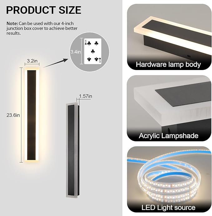 2 Pack 24 Inch Outdoor Porch Wall Lights, 3000K Modern LED Exterior Wall Sconce, Long LED Linear Outdoor Lights for Garage Doorway Patio Stairway