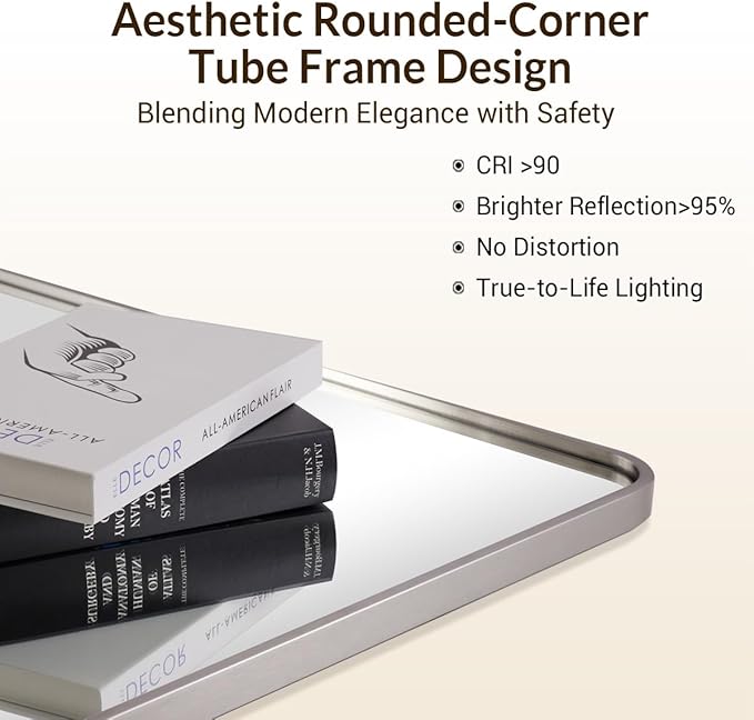 ANDY STAR Mirrors for Wall, 20x28'' Brushed Nickel Bathroom Mirror, Rounded Rectangle Mirrors for Vanity, Anti-Rust SUS304, Tube Metal Frame, 1'' Deep Wall Mounted Vertically/Horizontal