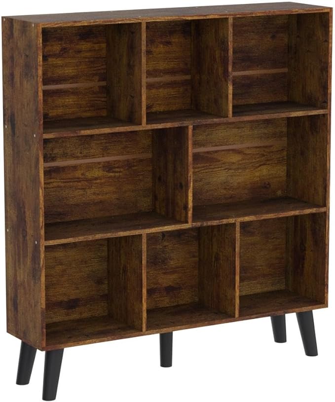 LEYAOYAO 8 Cube Bookshelf,3 Tier Bookcase with Legs,Rustic Brown Mid-Century Modern Bookshelfs,Large Open Storage Organizer Shelf, Wooden Book Case