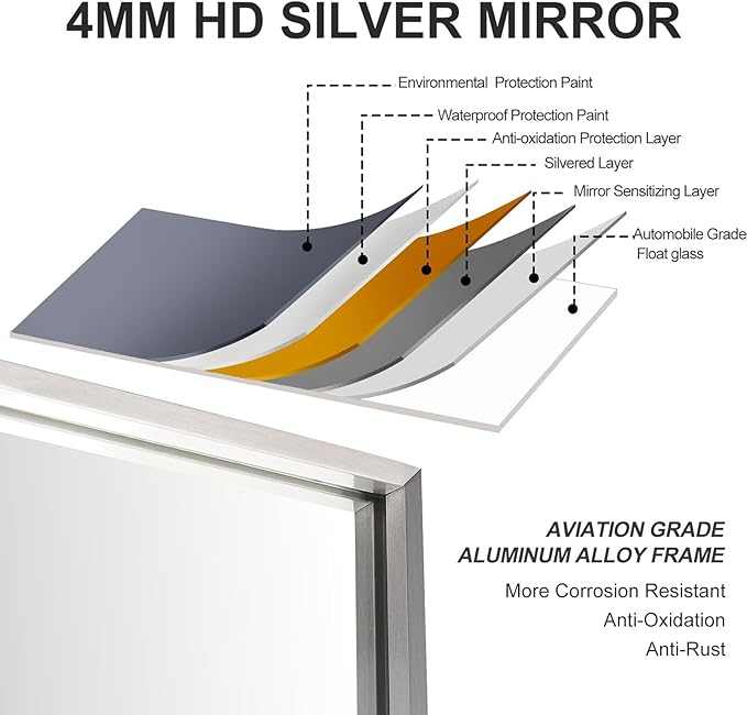 24x36 Inch Silver Bathroom Mirror - Copper-Free Mirror, Aluminum Alloy Frame Vanity Rectangle Wall Mounted Modern Mirror for Bedroom/Living Room/Porch Horizontal or Vertical