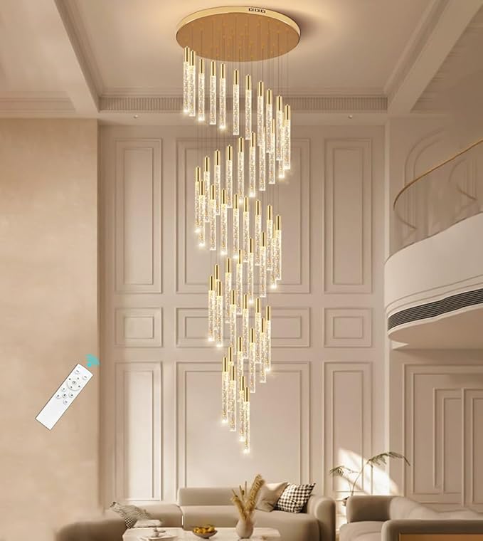 16 Foot Chandeliers for Living Room Entryway High Ceiling Light Fixtures Sloped Flush Mount Ceiling Pendant Lighting Dimmable Chandelier with Remote LED Crystal Pendants Lighting Gold Light