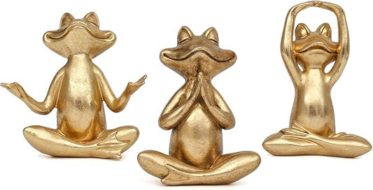 Gold Frog Figurines Yoga Decor 3.7In Set of 3 –Frog Yoga Statues for Modern Living Room Desk Table Home Office Bookshelf Shelves Sculptures Decor,Gifts for Mom Women