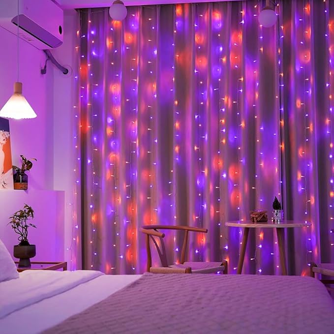 JMEXSUSS 300LED Orange and Purple Halloween Curtain Lights with Remote, 9.8x9.8ft Window Twinkle Hanging String Lights Plug in, Halloween Lights for Bedroom Wall Party Backdrop Indoor Outdoor Decor