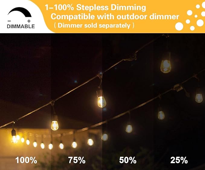SUNTHIN Outdoor String Lights, 48FT Commercial Grade String Light with 15 11W Dimmable Edison Vintage Bulbs, Hanging for Outside, Patio, Garden, Backyard, Porch, Deck, Pergola, Party