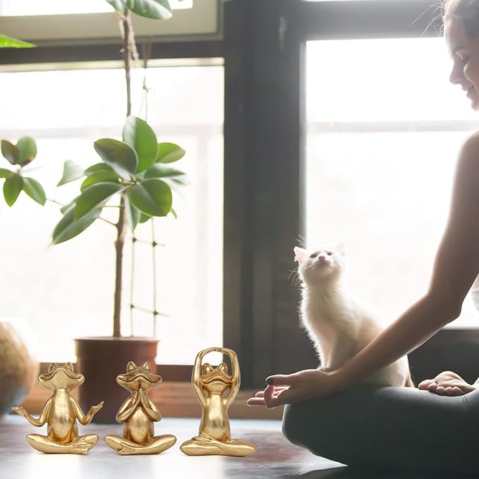 Gold Frog Figurines Yoga Decor 3.7In Set of 3 –Frog Yoga Statues for Modern Living Room Desk Table Home Office Bookshelf Shelves Sculptures Decor,Gifts for Mom Women