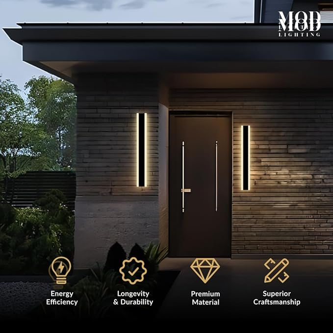 𝗠𝗢𝗗 𝗟𝗜𝗚𝗛𝗧𝗜𝗡𝗚 Haylen | Waterproof Outdoor Wall Light, LED Dimmable with Remote 3000K-6000K, Long Outdoor Porch Lights, Wired Lighting Fixture, Patio Exterior Wall Sconce, 2-Pack (Black, 24")