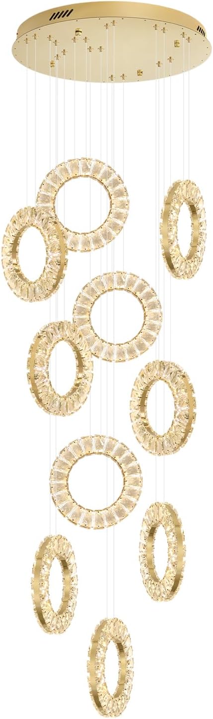10 Rings High Ceiling Chandelier,Gold Rings Chandeliers,Staircase Chandelier with Remote,Foyer Chandeliers Entryway High Ceilings