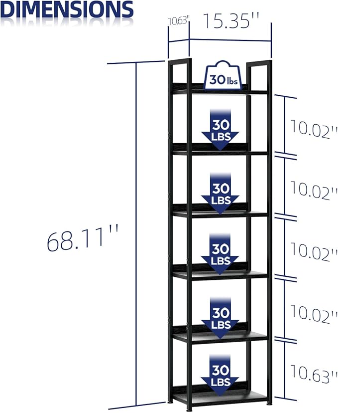NUMENN Narrow Bookshelf, 6 Tier Bookshelfs, Home Office Bookcase Shelf Storage Organizer, Free Standing Storage Shelving Unit for Bedroom, Living Room and Home Office, Black