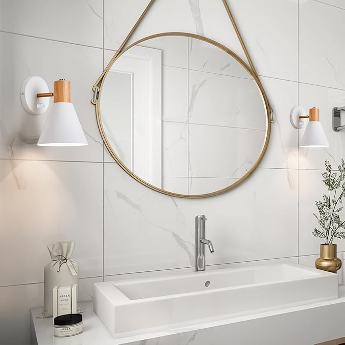 ClanKin Wall Sconces Lighting Set of 2 for Bedroom, White Adjustable Wood Style Wall Sconce Reading Lamp, Wall Light for Bedroom Hallway Living Room (White-Hardwired, 2)