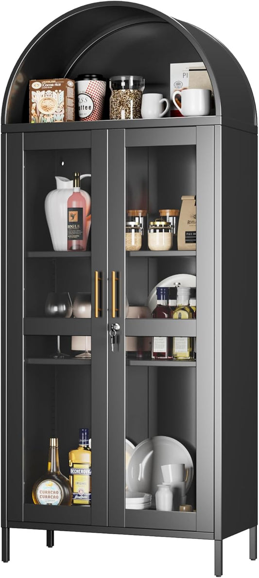Metal Arched Cabinet with Lock, Arch Display Bookcase with Glass Doors/Shelves, Modern Freestanding Kitchen Pantry Storage Cabinet for Dining Room, Home, Office, Assembly Required (Black)