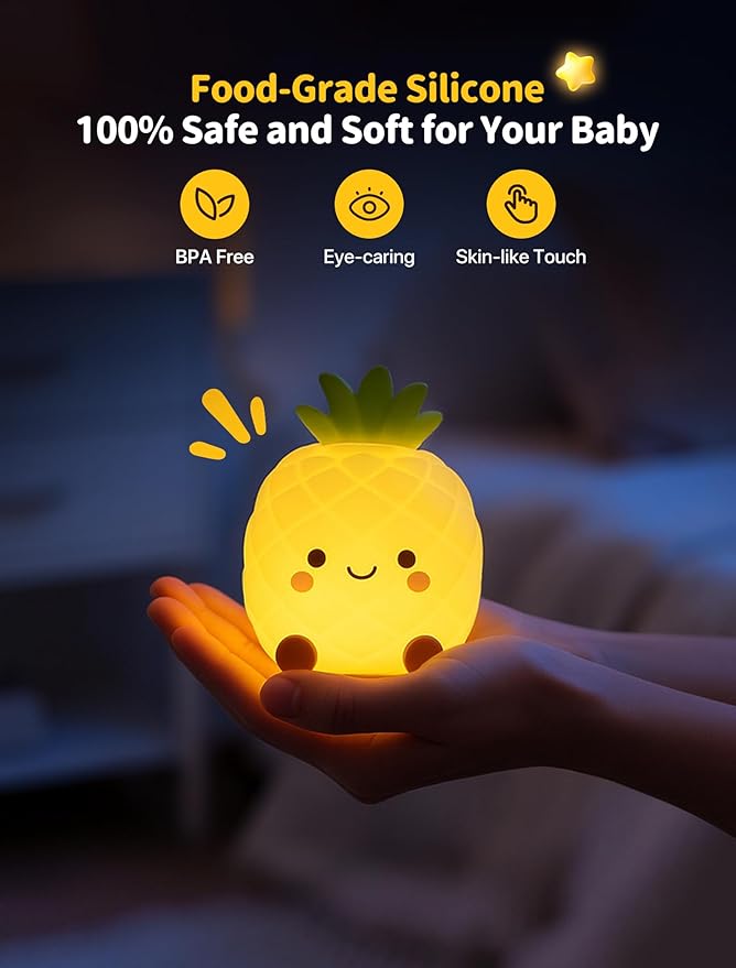 Night Light, Nursery Night Light for Kids, Bedside Touch Lamp, Cute Silicone Nightlight for Baby Toddler, 3 Level Dimmable Soft Night Lamp Gift for Bedroom Kids Room Decor (Pineapple)