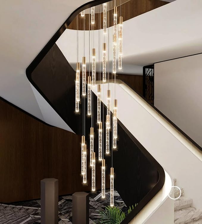 14.7 Foot High Ceiling Chandelier for Entryway Modern Crystal Lights for Living Room Foyer Flush Mount Sloping Ceiling Pendant Light Fixture Remote Dimmable 28-Lights Gold