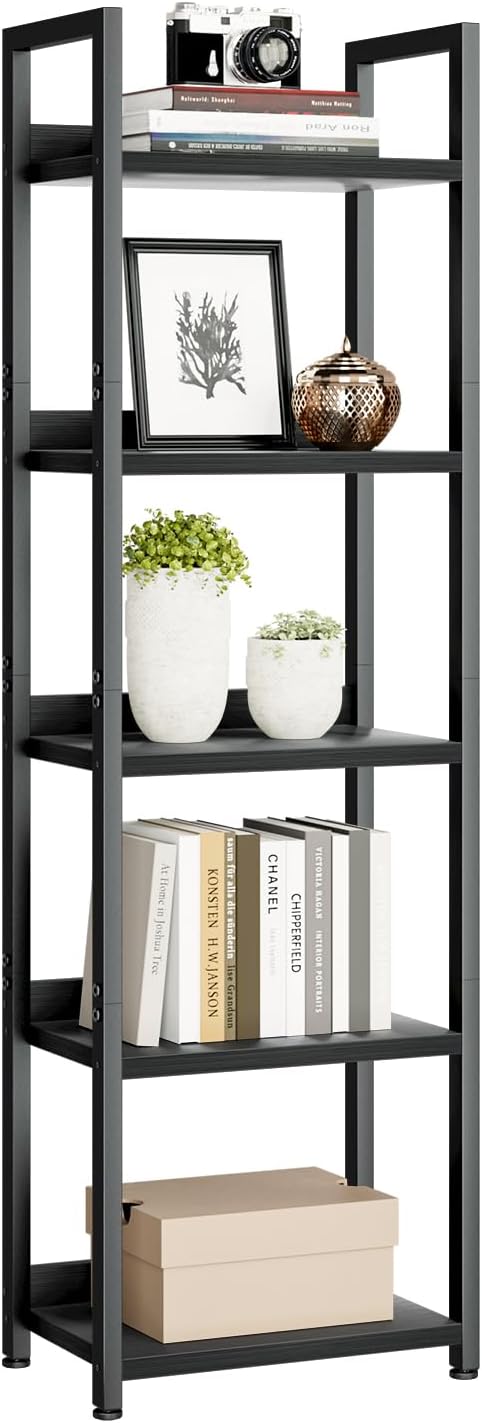 NUMENN Narrow Bookshelf, 5 Tier Bookshelfs, Home Office Bookcase Shelf Storage Organizer, Free Standing Storage Shelving Unit for Bedroom, Living Room and Home Office, Black