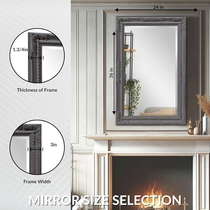 Howard Elliott Queen Ann Rectangular Glossy Charcoal Wall Mirror, Rectangle Hanging Wood Framed Vanity Mirrors for Home Decor, Living Room, Bathroom, Bedroom, or Hallway, 24 x 36 Inch