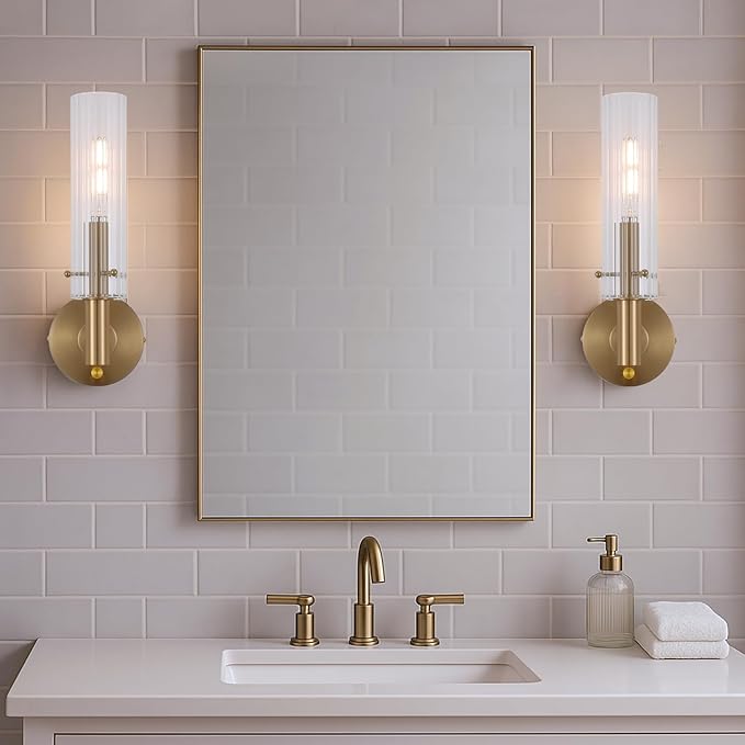 Modern Wall Sconces with Dimmer ON/Off Switch Gold Brushed Brass Bathroom Vanity Light Fixtures Striped Clear Glass Shades Indoor Wall Light for Mirror Living Room Bedroom Hallway Staircase