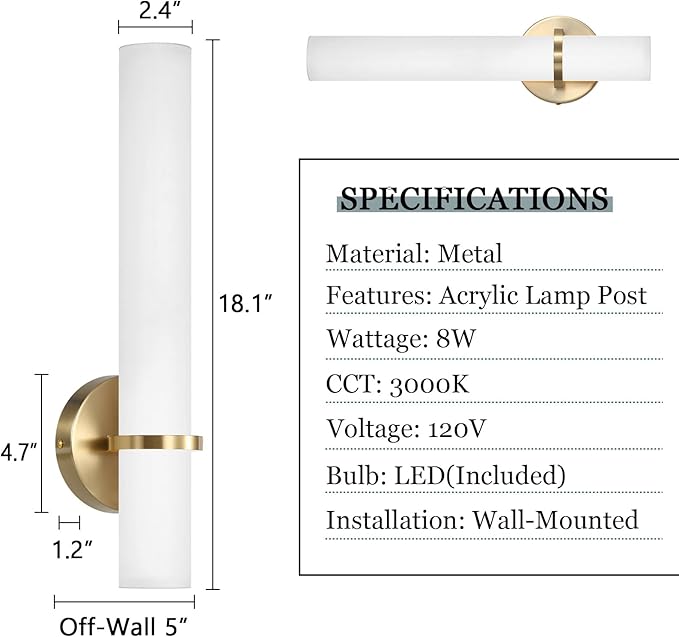 16W LED Dimming Wall Sconces 2 Packs, 3000K Warm Lights Dimmable, White Lampshade Bathroom Vanity Lighting Wall Light Fixtures for Bedroom Dining Living Hallway, Antique Gold
