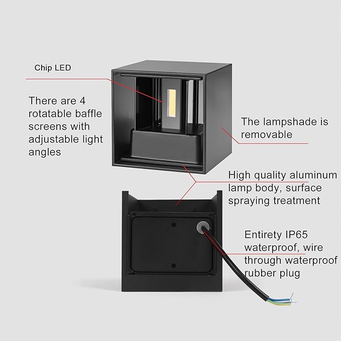 4 Pack Outdoor Wall Lights Exterior/Interior LED Wall Sconces IP65 Waterproof Square Aluminum Wall Lamps Outdoor Lighting Fixture Up and Down Lights Modern Black 12W 6500K Cold Lights