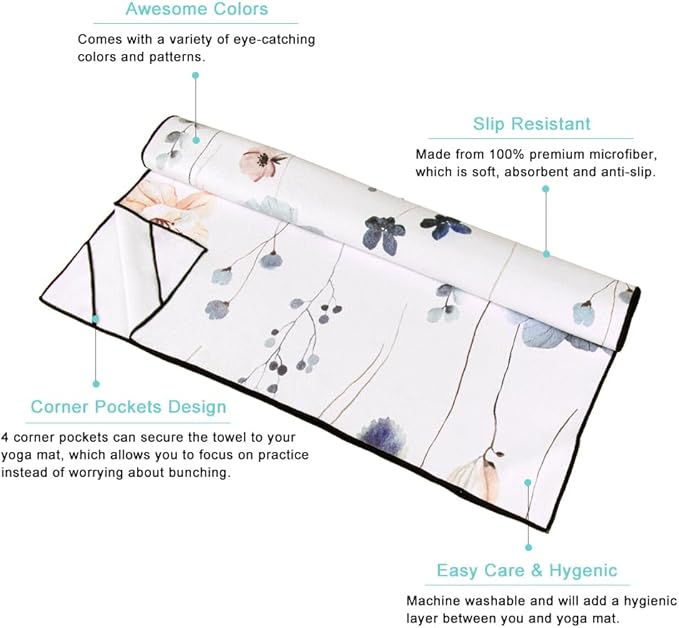 QiyI Floral Yoga Mat Towel with Corner Pockets, Non Slip Sweat Absorbent Hot Yoga Towels, Soft Yoga Blankets with Travel Bag, Mat Cover for Workout, Gym, Fitness - 74"x26", Watercolor Flowers