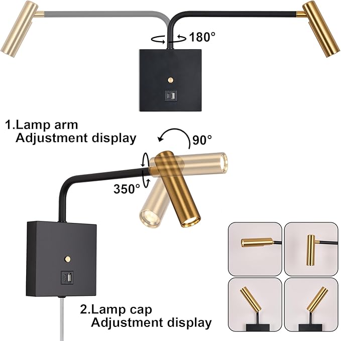 ZEROUNO LED Wall Lamp Wall Mounted Reading Lights, Dimmable Adjustable Headboard Plug in Wall Sconce with USB C+A Ports, Indoor LED Wall Lighting for Bedroom Bedside 3000K 2 Pack