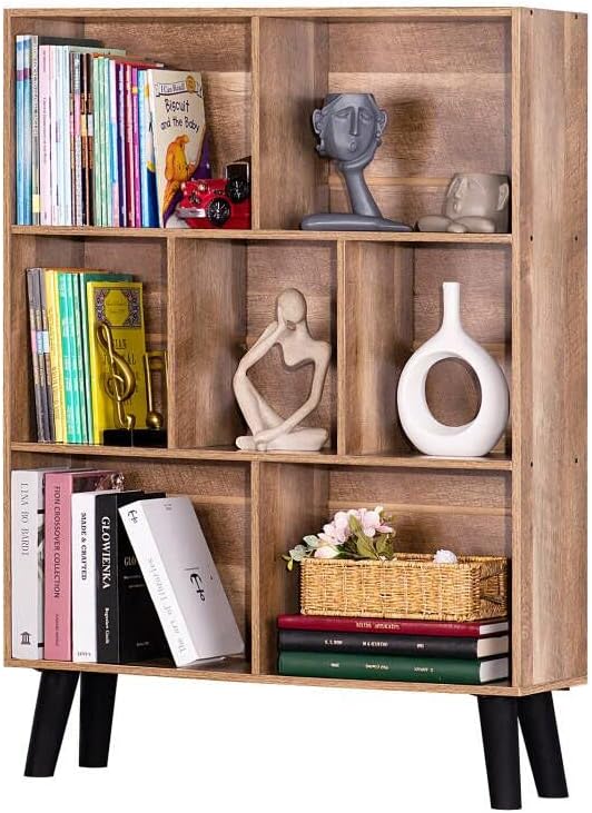 LEYAOYAO 7 Cube Bookshelf 3 Tier Modern Bookcase with Legs,Wood Book Shelves Storage Organizer Shelf,Free Standing Bookcases,Oak Display Bookshelfs