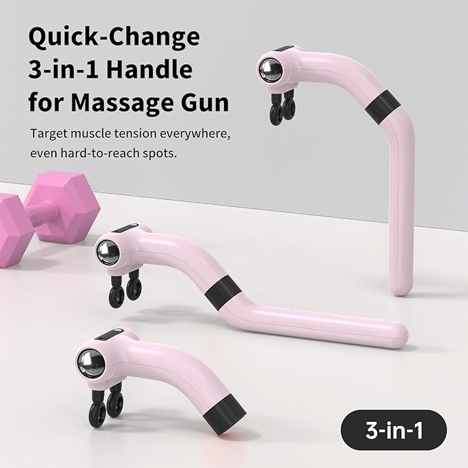 Dual-Head Massage Gun with Extension Handle, 3-in-1 Detachable Handheld Percussion Muscle Massager for Back Neck Shoulder Body Deep Tissue Pain Relief - 6 Speeds Levels(Pink)
