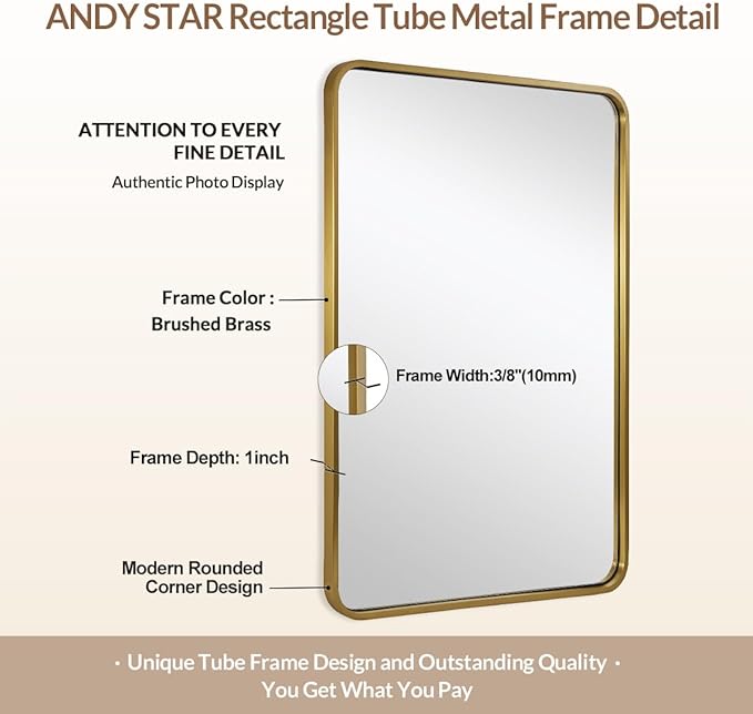 ANDY STAR Gold Bathroom Mirror for Wall, 30x36'' Brushed Gold Rounded Rectangle Mirror for Vanity in SUS304-Anti-Rust, Wall-Mounted Horizontal/Vertical 1'' Deep