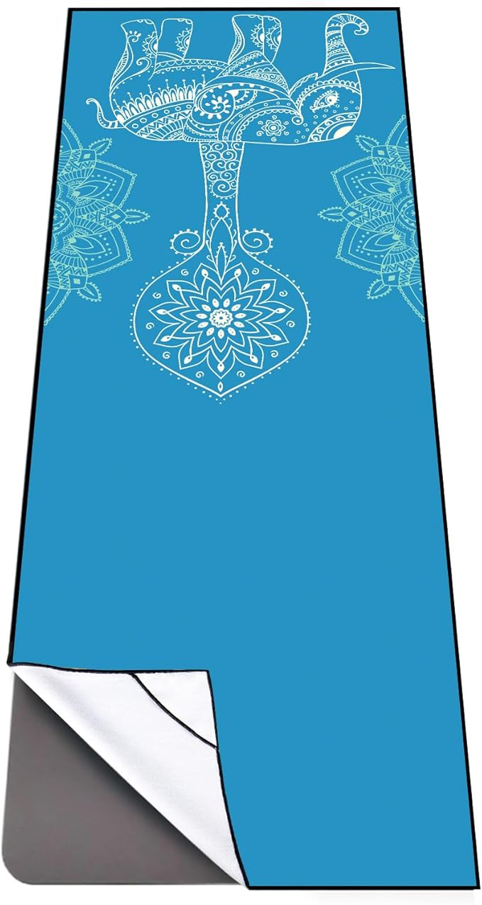 QiyI Yoga Mat Towel with Corner Pockets, Non Slip Sweat Absorbent Hot Yoga Towels, Soft Yoga Blankets with Travel Bag, Skidless Mat Cover for Workout, Gym, Fitness - 70"x26", Blue Mandala Elephant