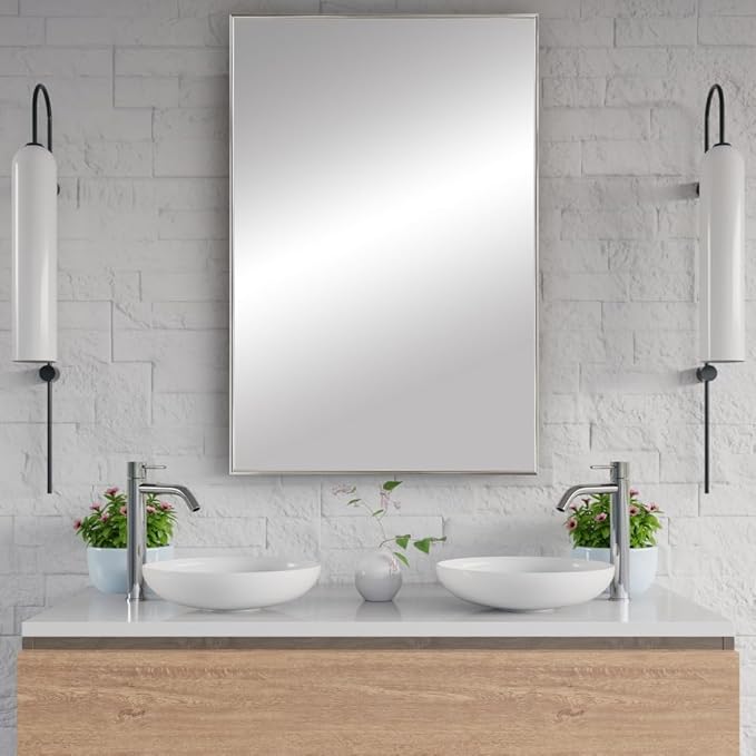 Frame My Mirror Silver Metal Framed Mirror, 30" x 44" Mirror for Bathroom, Metal Frame, True Reflections Glass, Satin Nickel Finish, Stanton Design, Hangs Horizontally or Vertically, Made in USA