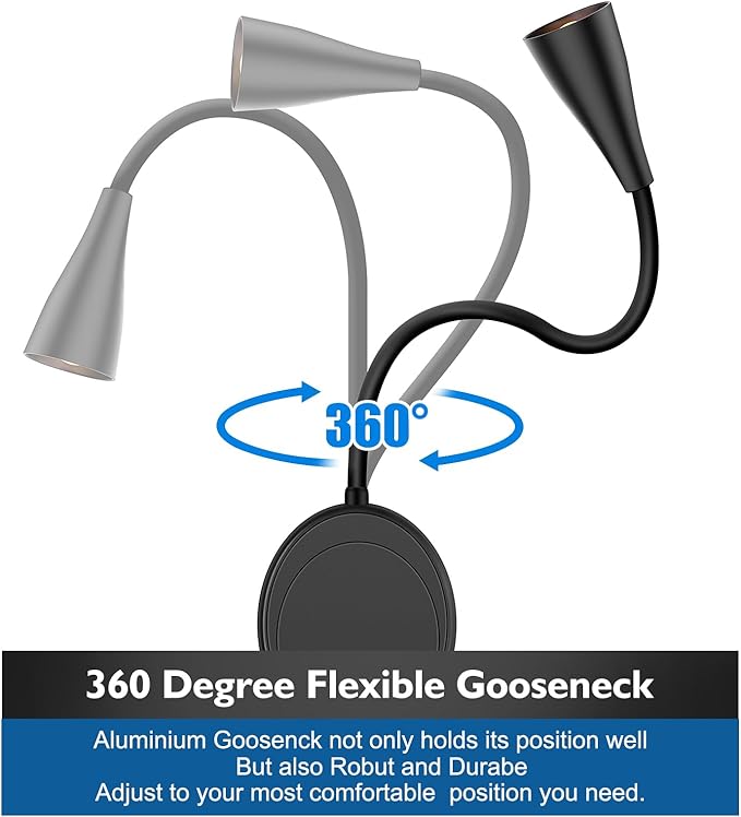 Wall Sconce Light Plug in, Wall Lamps USB Output 5 Color Dimmable Timer Touch Control, Bedside Reading Light, 360°Rotate Flexible Gooseneck Wall Lighting for Bedroom Living Room