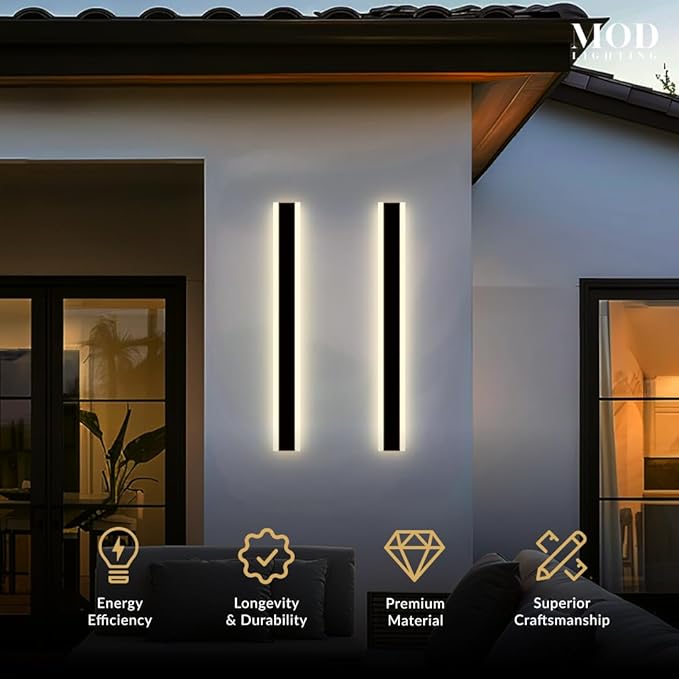 𝗠𝗢𝗗 𝗟𝗜𝗚𝗛𝗧𝗜𝗡𝗚 Haylen | Waterproof Outdoor Wall Light, LED Dimmable with Remote 3000K-6000K, Long Outdoor Porch Lights, Wired Lighting Fixture, Patio Exterior Wall Sconce, 2-Pack (Black, 31")