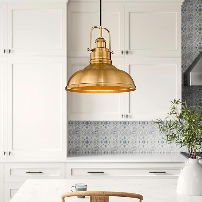 zeyu 2 Pack Farmhouse Pendant Lights, 11-inch Industrial Ceiling Pendant Light Fixture with Metal Dome Shade, Gold Finish, 016-1-2PK BG