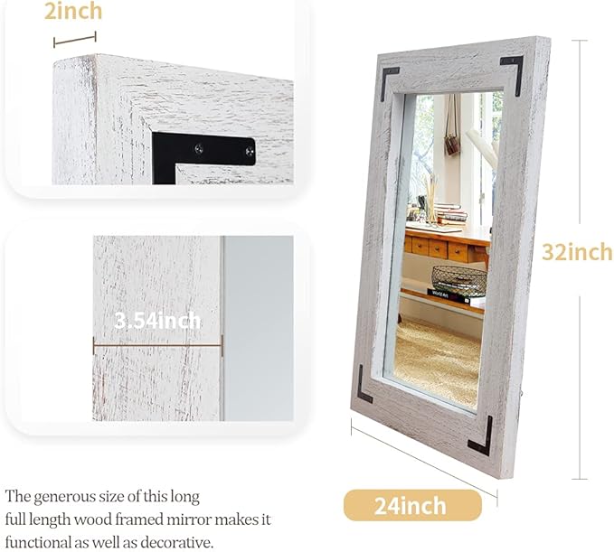 YOSHOOT Rustic Wooden Framed Wall Mirror, Natural Wood Bathroom Vanity Mirror for Farmhouse Decor, Vertical or Horizontal Hanging, 32" x 24",White Gray