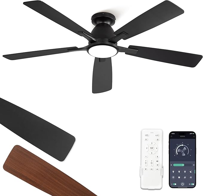 52 inch Ceiling Fans with Lights, Smart Flush Mount Ceiling Fan and Remote APP, Modern Low Profile, 3CCT 20W LED with 6-Speeds Quiet Reversible Motor for Bedroom, Living Room, Kitchen, Black