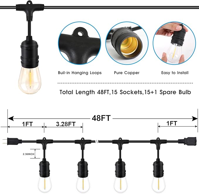 48ft LED Outdoor String Lights with 15+1(Spare) 1W Shatterproof Bulbs, Black Waterproof IP65 Connectable Outdoor Decorative Lights for Garden Patio Cafe Bistro Backyard Porch, ETL Listed