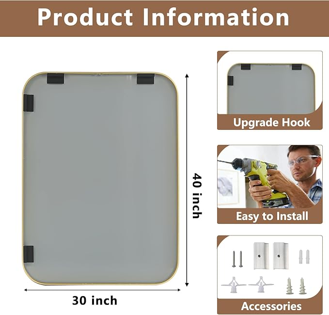 Brushed Gold Mirror, 40"x30" Rectangle Bathroom Mirror, Metal Frame Rectangle Corner Vanity Mirror, Wall Mounted Mirror for Modern, Living Room, Bedroom, Horizontal Or Vertical