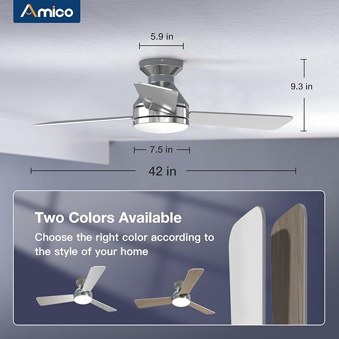 Amico Ceiling Fans with Lights, 42 inch Low Profile Ceiling Fan with Light and Remote Control, Flush Mount, Reversible, 3CCT, Dimmable, Noiseless, Nickel Ceiling Fan for Bedroom, Indoor/Outdoor Use