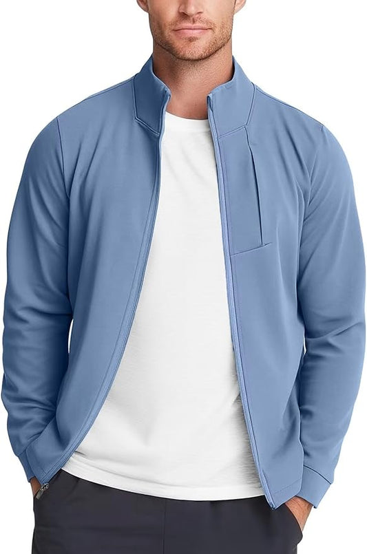 Zengjo Men's Track Jackets Full-Zip Athletic Jacket Sweatshirt Mock Neck with Zipper Pockets