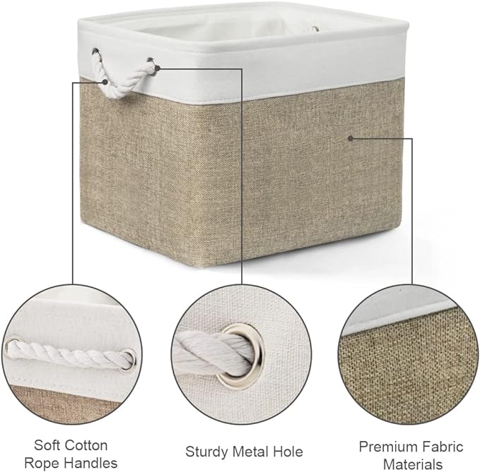 TheWarmHome Organization and Storage Basket for Gifts Empty - 16x12x12 inch Cube Storage bin 3 Pack Fabric Storage Cubes, Collapsible Baskets for Organizer Closet Cloth Gift Toy (White &amp; Khaki)
