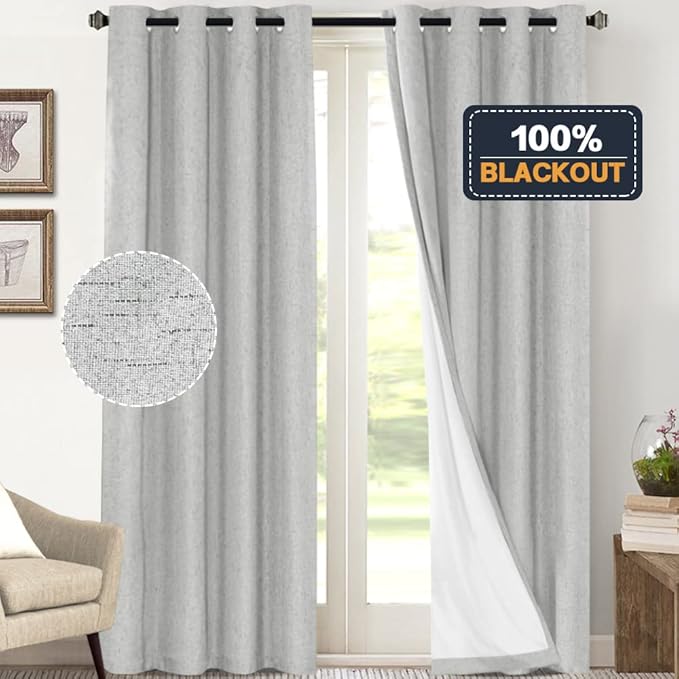 PrinceDeco 100% Blackout Curtains 108 Inches Long 2 Panels Set Burlap Vintage Open Linen Weave Flax Thermal Curtains with White Liner Soundproof Window Treatment Drapes for Nursery, Glacier Grey