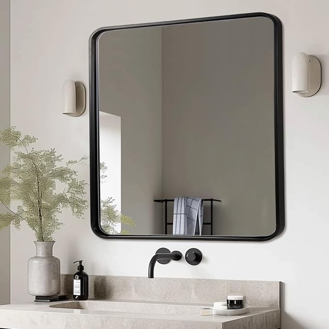 ANDY STAR 40X36 Inch Black Bathroom Mirror, Black Bathroom Vanity Mirrors for Wall, Rounded Rectangle Mirror for Bathroom, Seamless Tube Metal Frame, 1'' Deep Wall Mounted Vertical/Horizontal