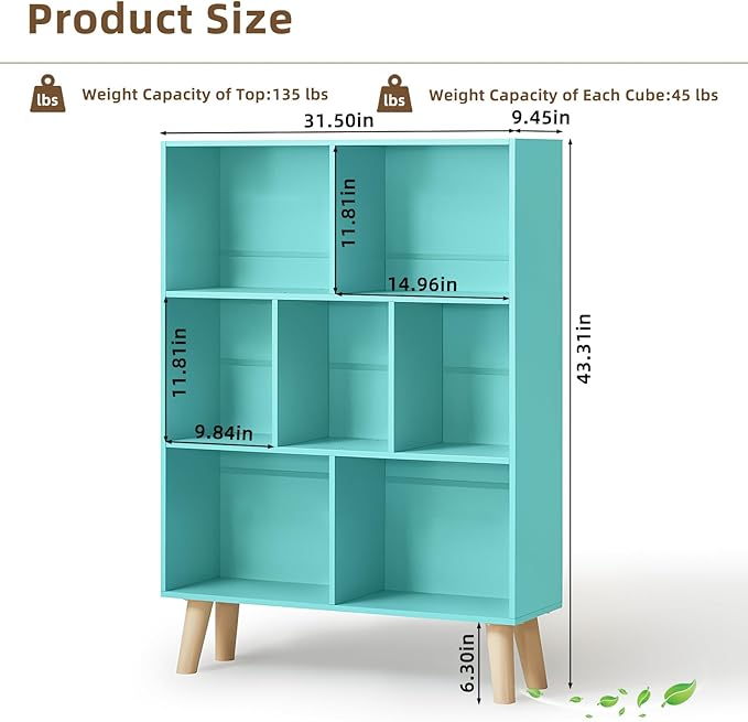 LEYAOYAO 7 Cube Bookshelf 3-Tier Bookcase with Legs, Mint-Green Kids Book Shelf Cute Storage Organizer, Toy Shelves Bookshelfs,Wood Display Bookcases