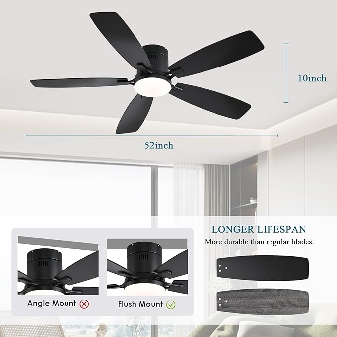 Ceiling Fans with Lights, 52 inch Low Profile Ceiling Fan with Light and Remote Control, Flush Mount, Reversible Motor, Dimmable, Noiseless, Black Ceiling Fan for Bedroom, Indoor/Outdoor Use