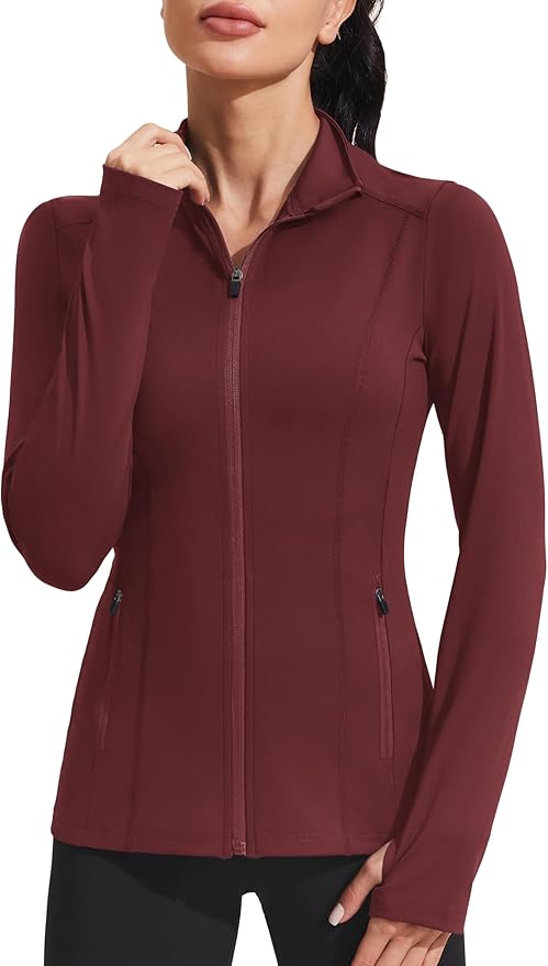 PINSPARK Women's Athletic Jackets Slim Fit Workout Jacket Full Zip Up Running Gym Yoga Sports Tops with Pockets