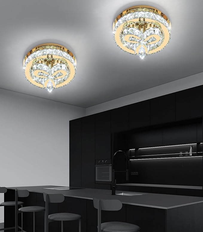 12'' Modern Crystal Chandelier LED Dimmable Flush Mount Ceiling Light Pendant Light for Hallway Living Room Bedroom Dining Room Foyer Gold