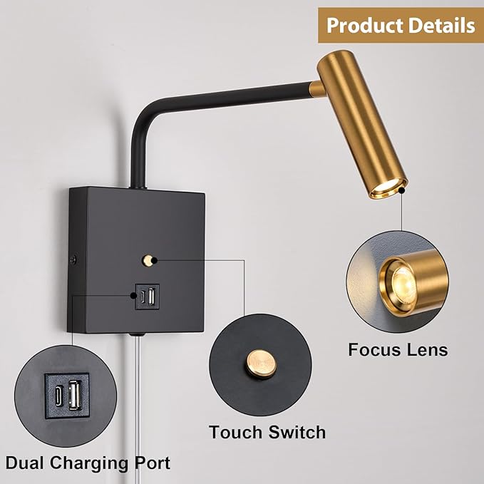 ZEROUNO LED Wall Lamp Wall Mounted Reading Lights, Dimmable Adjustable Headboard Plug in Wall Sconce with USB C+A Ports, Indoor LED Wall Lighting for Bedroom Bedside 3000K (Black)