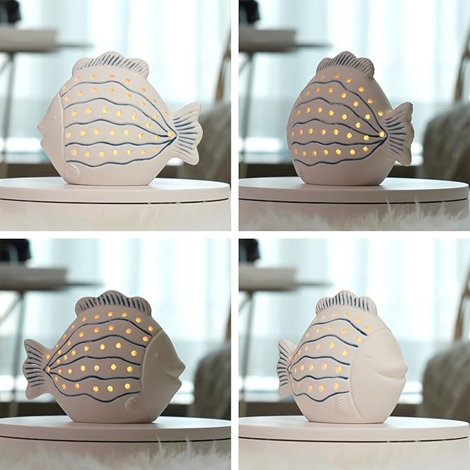 SEINHIJO Fish Statue Sculpture Ocean Decor Gifts Modern Figurine Ceramic Arts LED Light 5.5inch