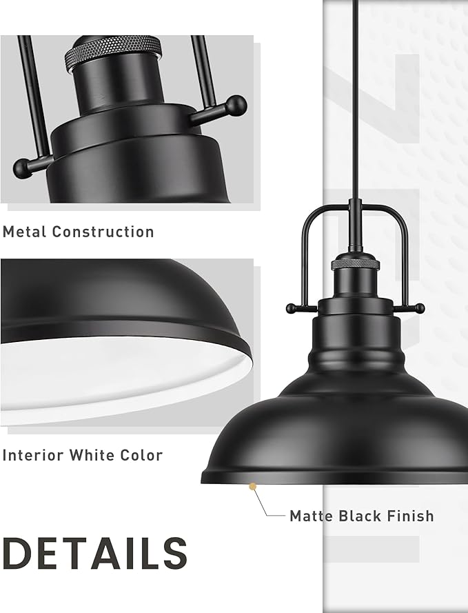 zeyu 1-Light Industrial Pendant Light, 11-Inch Pendant Light Fixture for Kitchen Island, Metal Dome Lampshade in Matte Black Finish, 016-1 BK